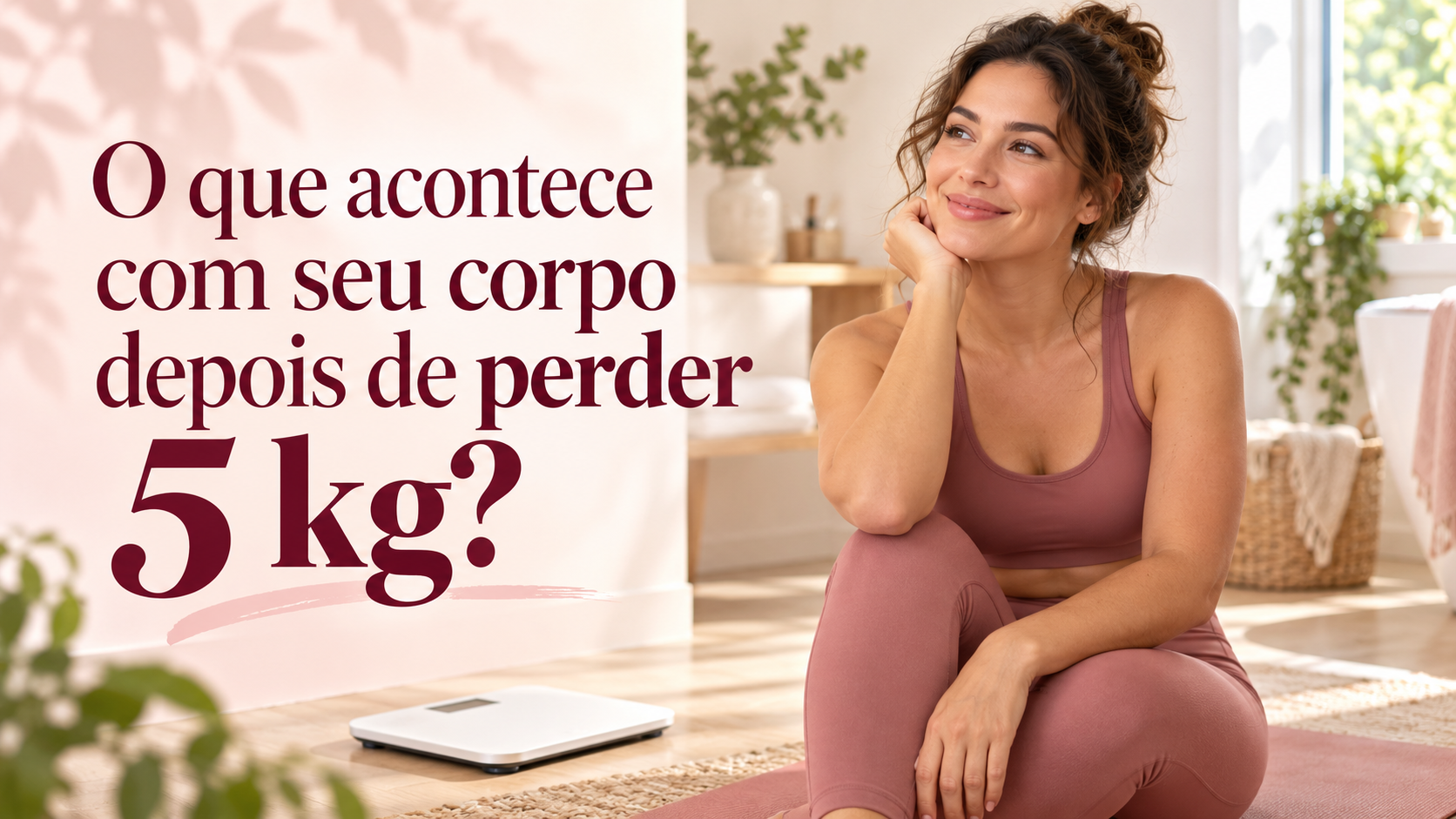 Mulher com roupa esportiva rosa sentada ao lado de uma balança, com o título “O que acontece com seu corpo depois de perder 5 kg?”.