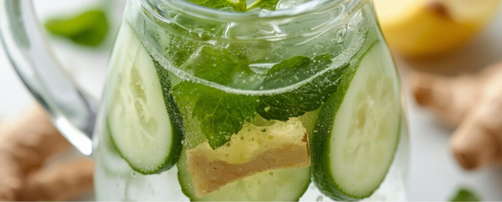 Água Aromatizada de Pepino, Gengibre e Hortelã