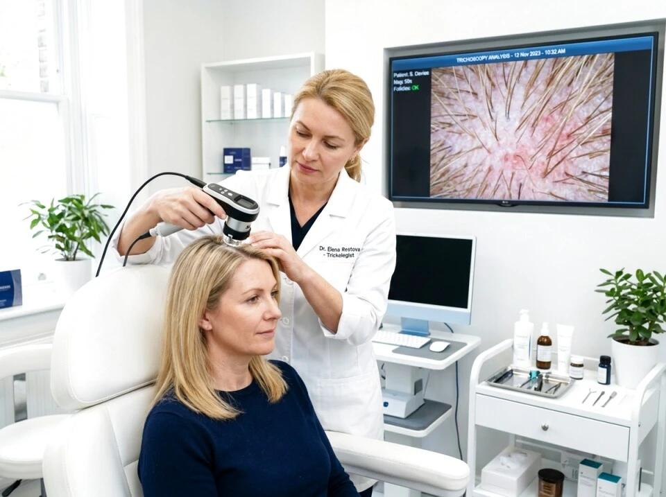 Dermatologista examinando o couro cabeludo durante consulta capilar.